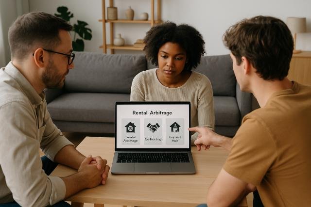 Three people reviewing Airbnb business model options on a laptop.