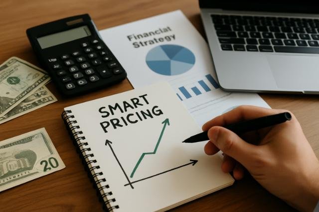 Hand drawing a pricing graph beside financial tools on a desk