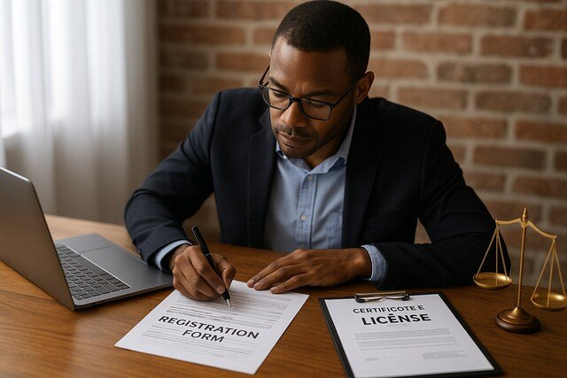 Businessperson filling registration form with legal documents and scales