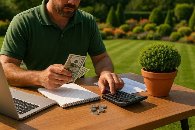 Landscaper managing business finances outdoors.