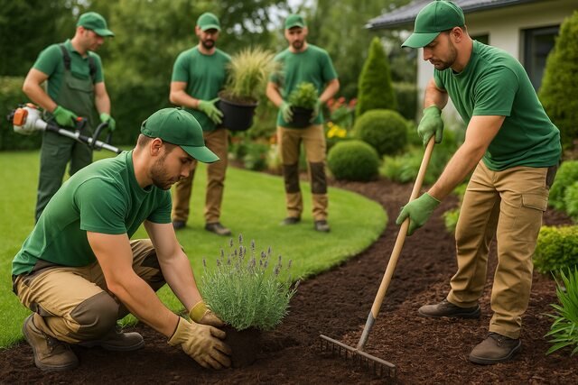 Skilled landscaping team working in a residential garden.