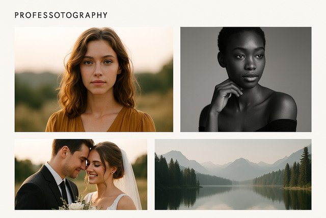 Professional photography portfolio with portraits and landscape scene.