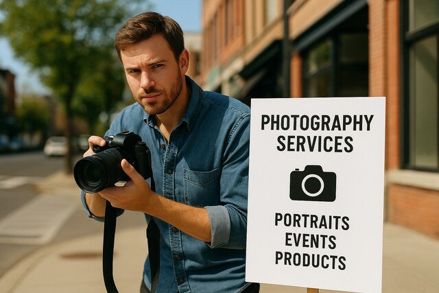 Photographer promoting his services on a city street.