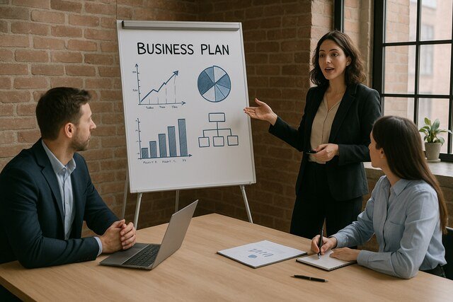 Businesswoman presenting a business plan to team in meeting room.
