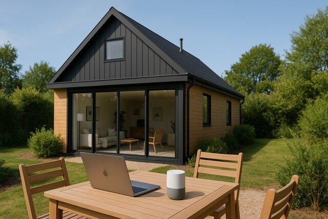 Smart Airbnb rental with tech setup in garden setting.