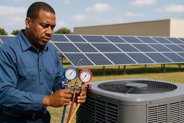 HVAC technician checking AC unit near solar panels