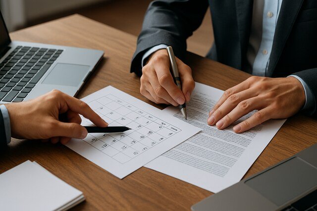 Hands of professionals aligning calendar with contract dates.