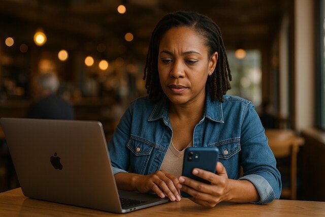 Woman managing Apple ID account on laptop and smartphone.