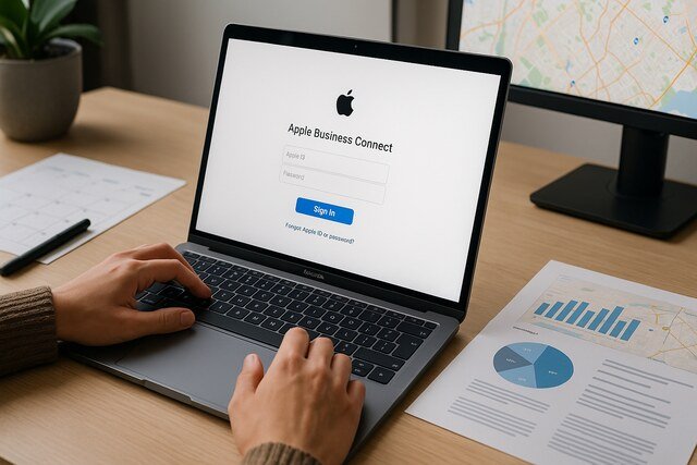 User signing into Apple Business Connect on a laptop in a modern workspace.