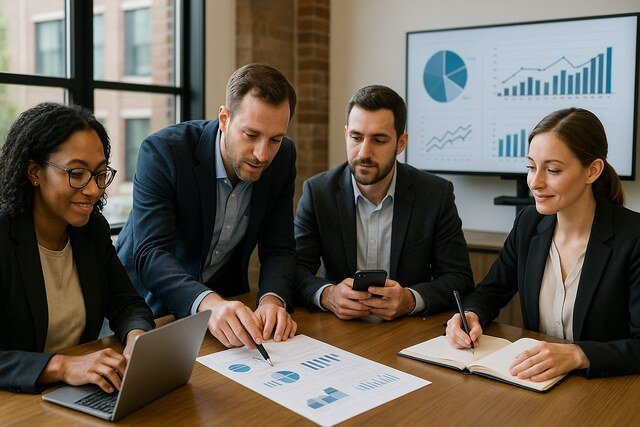 Team analyzing business data for improved workplace efficiency