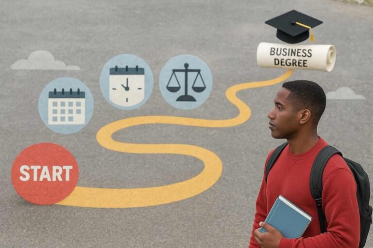 Student on path to business degree with timeline icons.