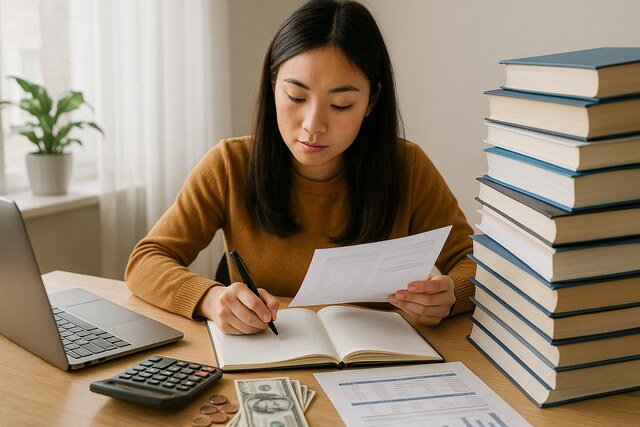 Student managing finances and academic workload at desk.