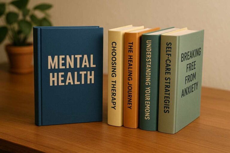 Stack of mental health books on wooden table with plant in background