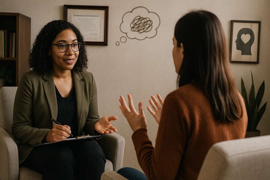Therapist and client in a professional counseling session.