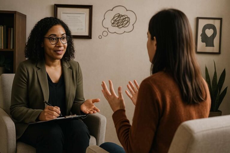 Therapist and client in a professional counseling session.