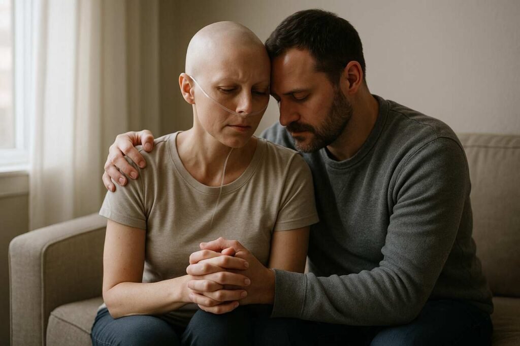 Supportive couple embracing during illness on a couch.