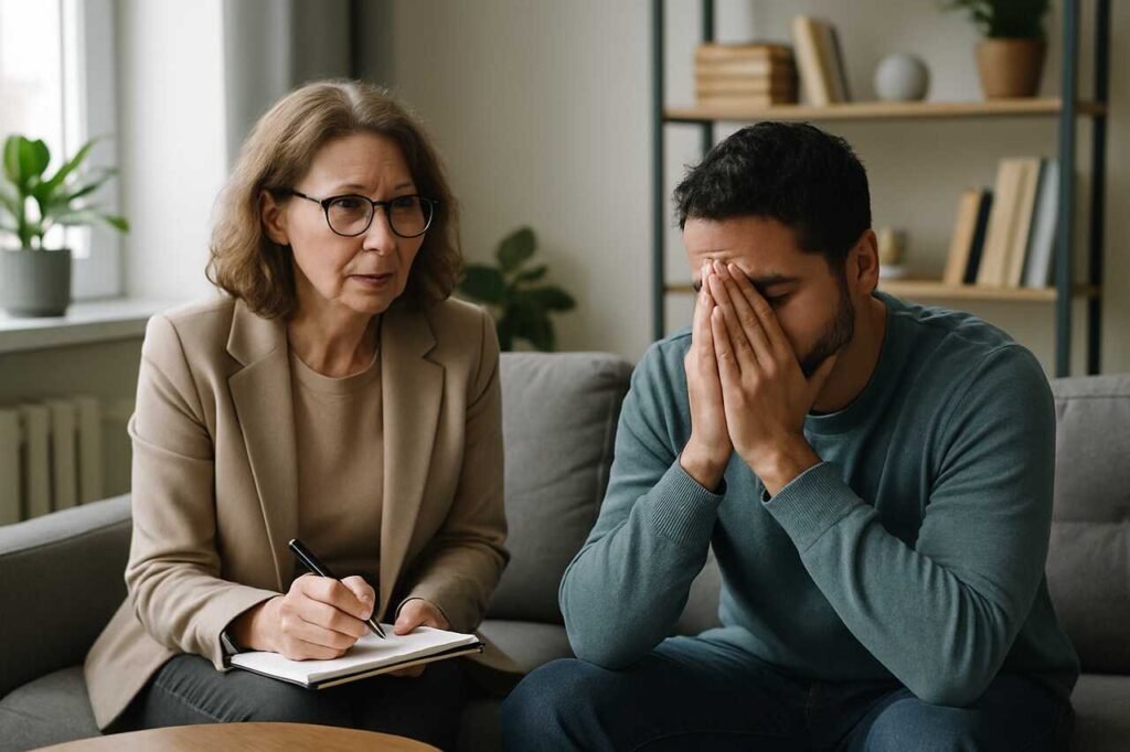 Distressed man speaking to therapist in a calm office setting