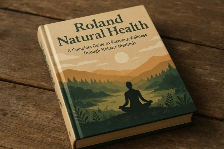 Holistic health book on wooden table with meditative landscape illustration.