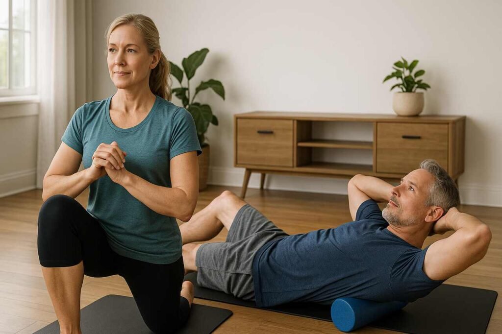 Couple doing mobility exercises in a bright room for Limber Health.