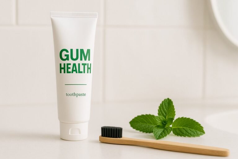 Gum health toothpaste and toothbrush with mint on white counter.