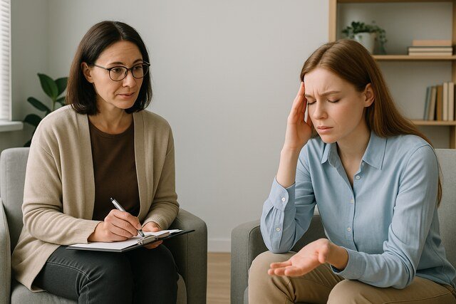 Therapist and patient during a counseling session in a serene office.