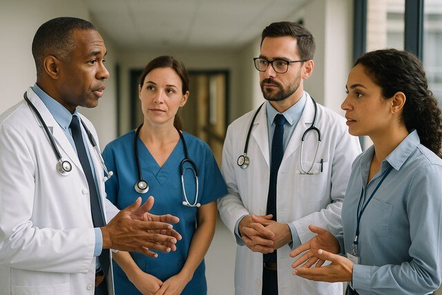 Healthcare professionals collaborating in hospital corridor.