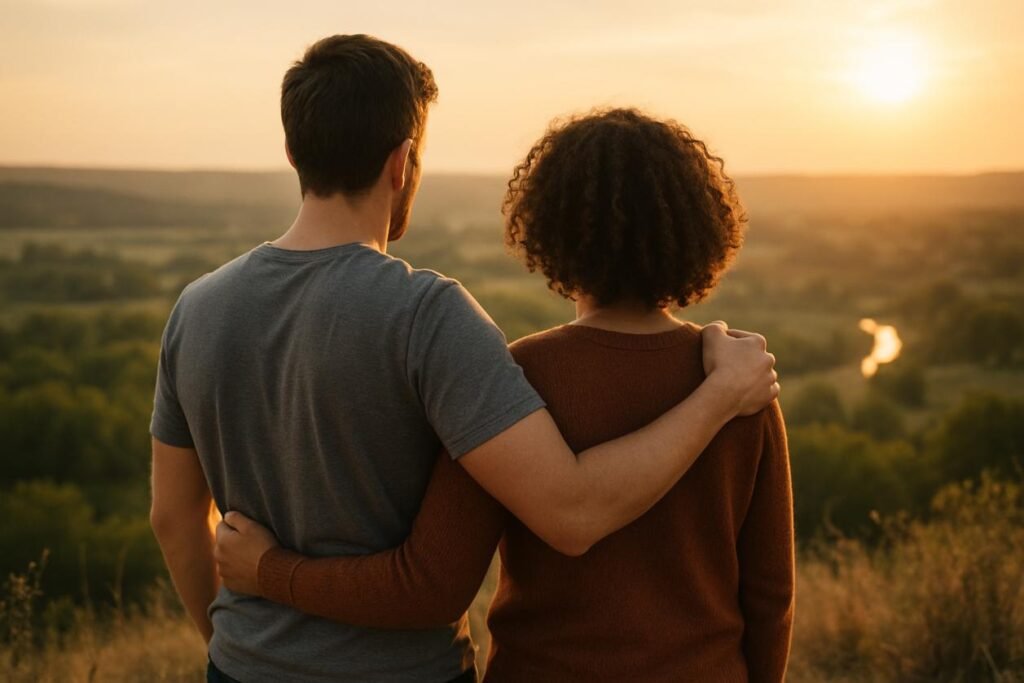 Couple embracing on a hilltop at sunset, representing emotional resilience and support.