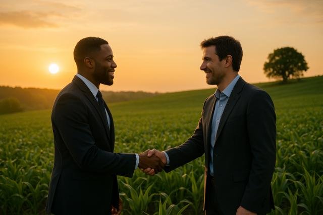 Businessmen shaking hands in a field at sunset
