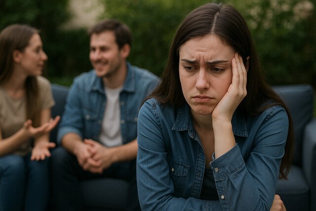 Woman feeling isolated at social event due to intrusive thoughts.