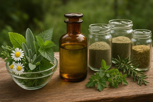 Herbal support system with fresh herbs and amber medicine bottle