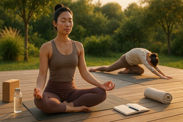 Woman meditating outdoors in a yoga pose at sunrise.