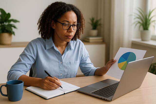 Woman analyzing health data on laptop with chart in hand.