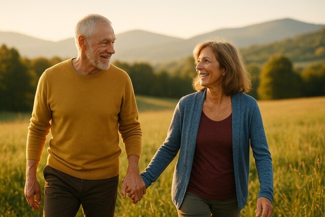 Older couple walking through sunlit field representing long-term wellness