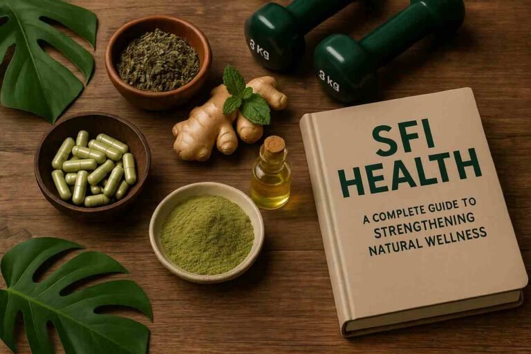 SFI Health book with natural supplements and wellness items on a wooden table