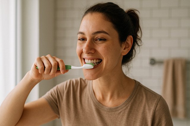 Woman brushing teeth in bathroom for healthier gums.