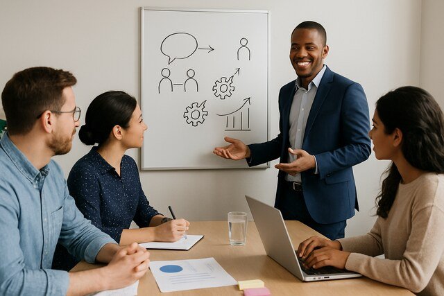 Team discussing communication strategies during a collaborative office meeting.