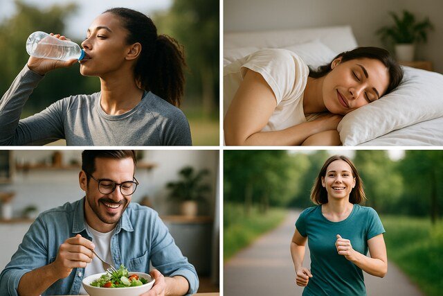 People drinking water, sleeping, eating healthy food, and jogging to promote daily healthy behavior.
