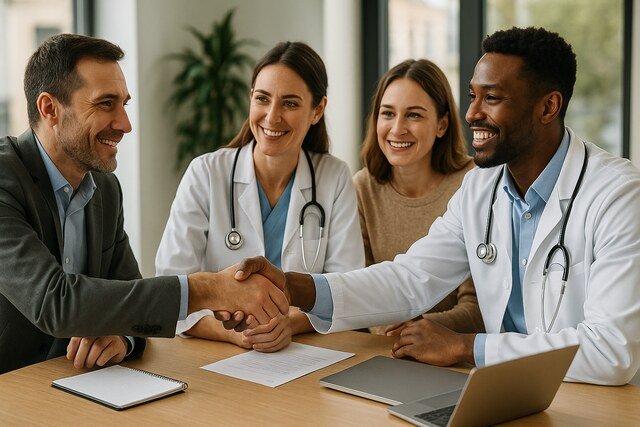 Business and healthcare professionals shaking hands in a meeting.