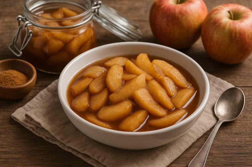 Bowl of stewed apples with cinnamon on rustic wooden table.