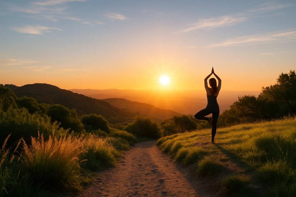 Woman doing yoga on a hilltop trail at sunrise.