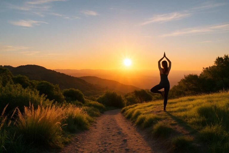 Woman doing yoga on a hilltop trail at sunrise.