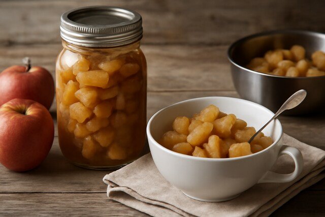 Stewed apples stored in a mason jar and a bowl, with fresh red apples nearby on a rustic wooden surface.