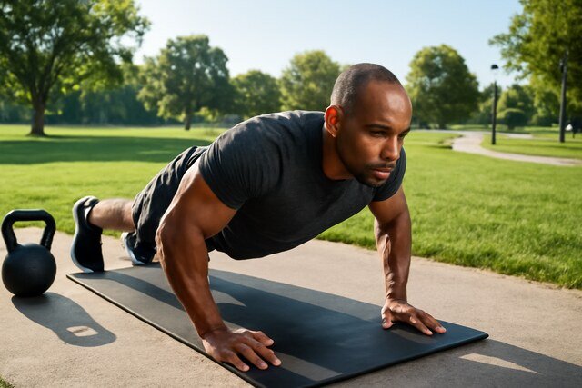 An athletic African-American man in his mid-30s performs a push-up on a black mat in a sunny park, surrounded by a lush green field and trees.