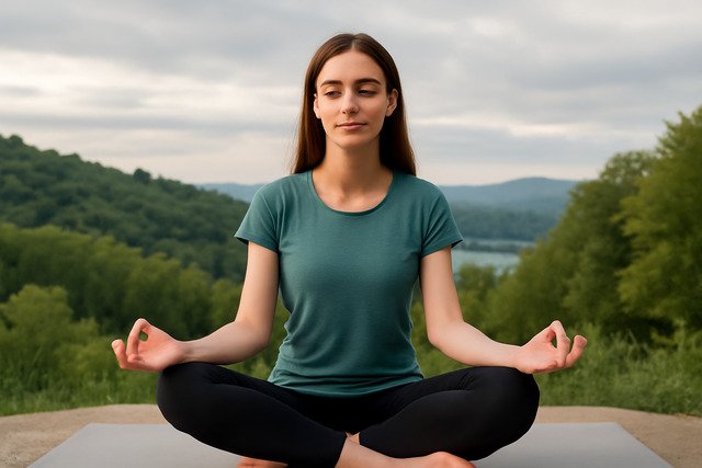 A young woman meditates outdoors on a yoga mat, surrounded by rolling green hills, focusing on mindfulness and emotional balance.