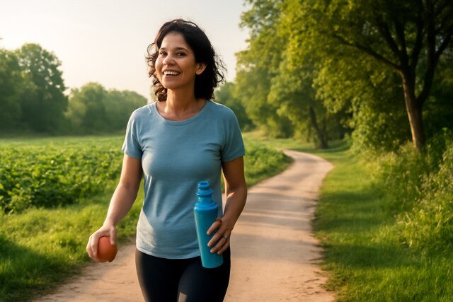 A middle-aged woman in athletic gear smiles as she walks along a peaceful, winding path in a green park.