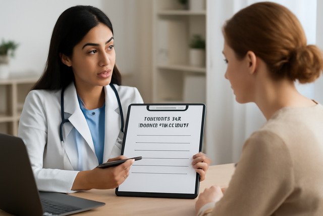 South Asian female doctor in a white lab coat explains a personalized treatment plan to a Caucasian female patient in a bright, minimalist doctor's office.