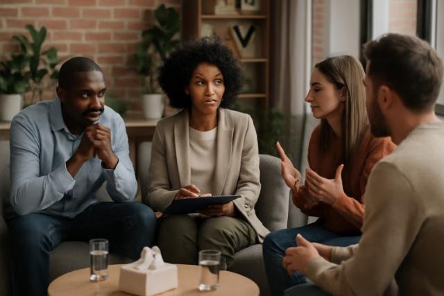 A therapy session in a modern, bright room with four adults. An African American female therapist in a beige blazer and olive pants sits at the center, taking notes.