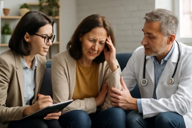 A middle-aged woman showing signs of distress sits on a gray sofa in a professional space, surrounded by a mental health expert and a general practitioner.