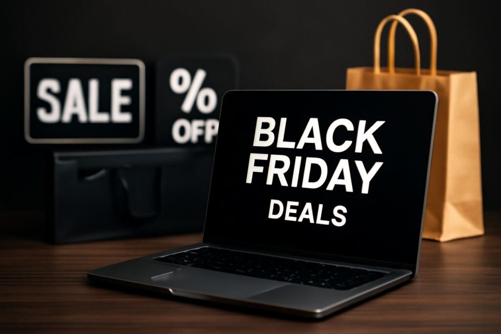 A sleek gray laptop on a dark wooden surface with shopping bags and sale signs in the background, creating a festive atmosphere for Black Friday laptop deals.