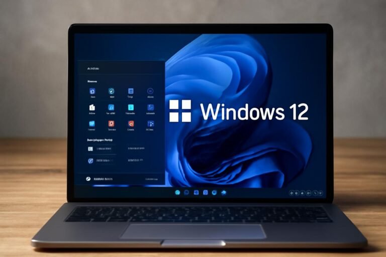 A sleek, modern laptop displaying the Windows 12 interface on a wood-textured surface, featuring the Start menu and system details in a warm, soft-lit environment.